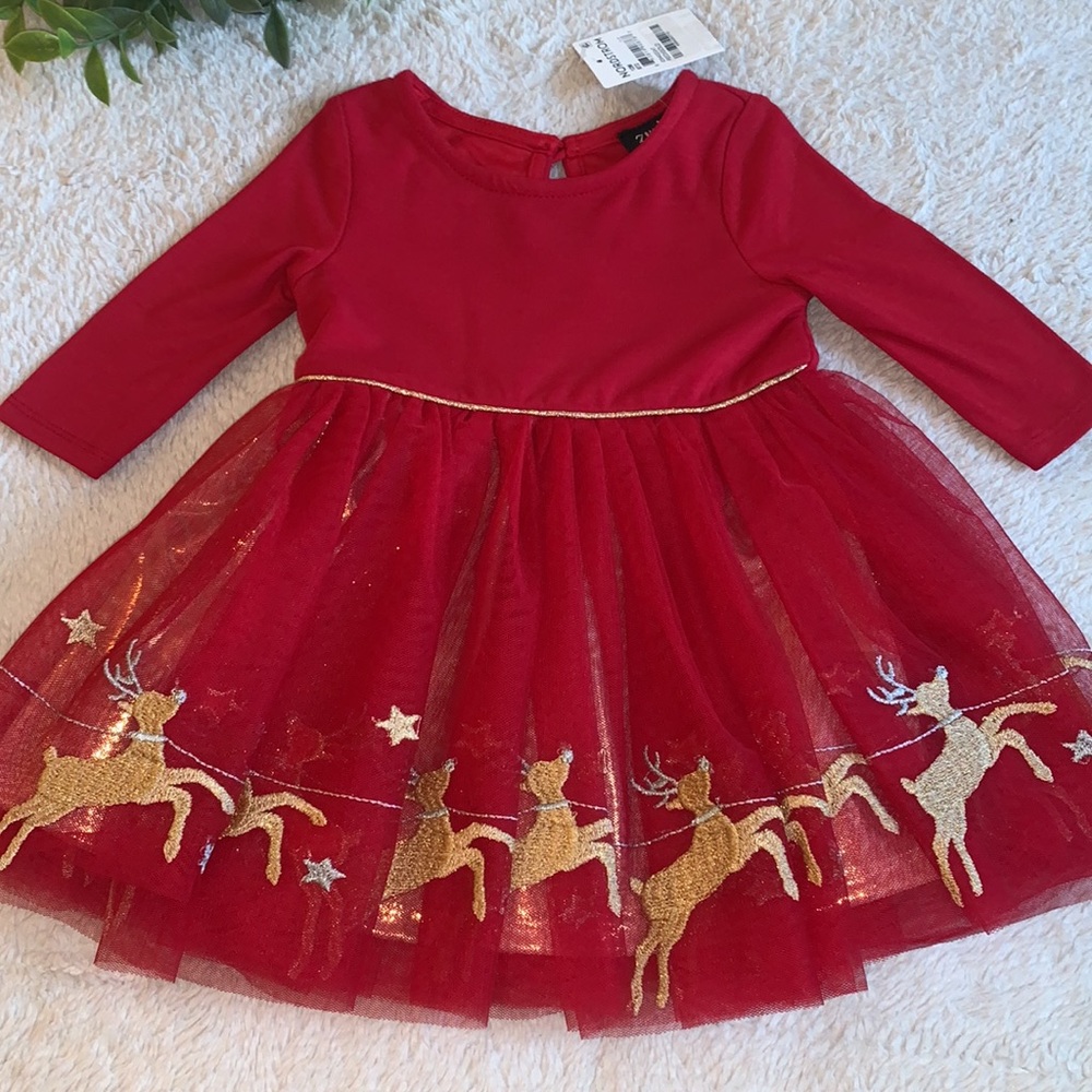 NWT Zunie Red & Gold Reindeer Dress 12M Holiday Christmas